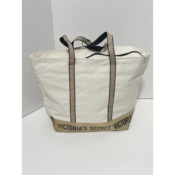 Victoria’s Secret Canvas Tote Structured Shoulder Bag Gold Glitter Cream Color - Picture 11 of 12